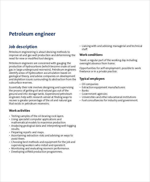 petroleum engineer job description example