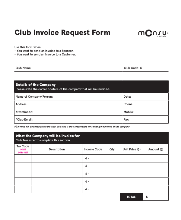 club invoice request form