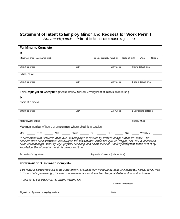 work permit request form free