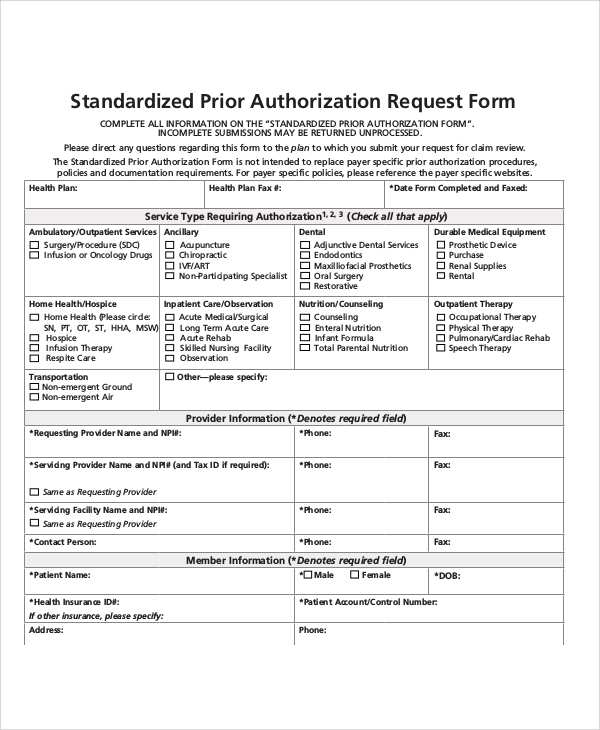 sample prior authorization request form