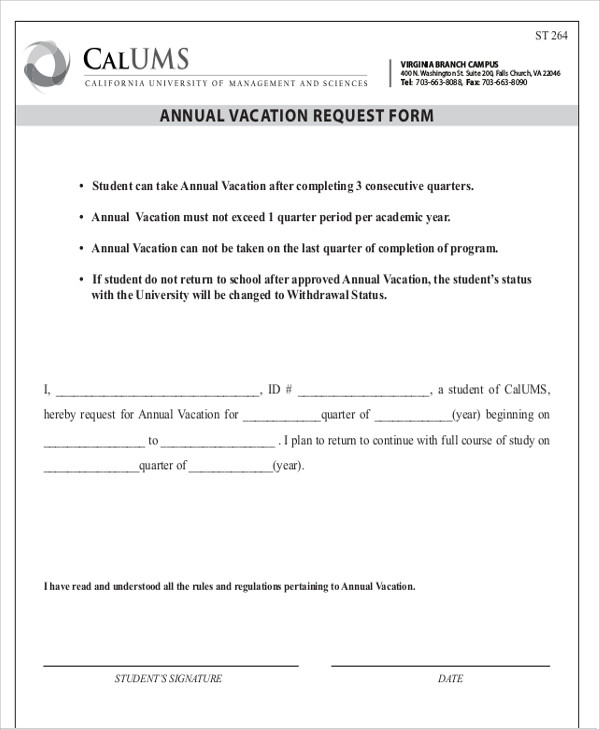 sample annual vacation request form