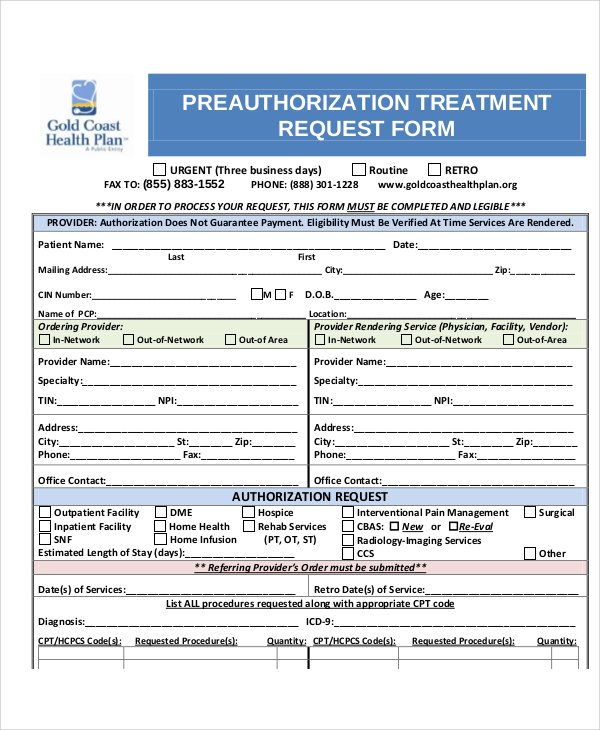 pre authorization treatment request form