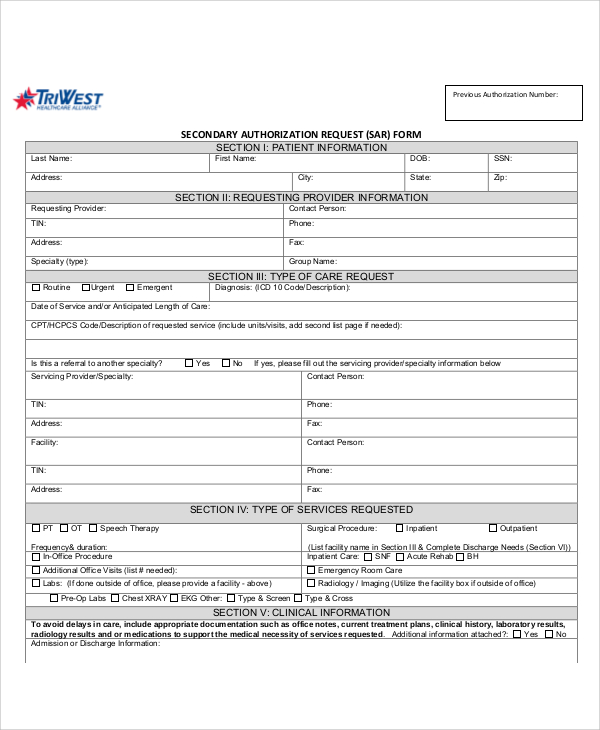 secondary authorization request form