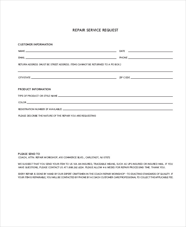 coach repair service request form
