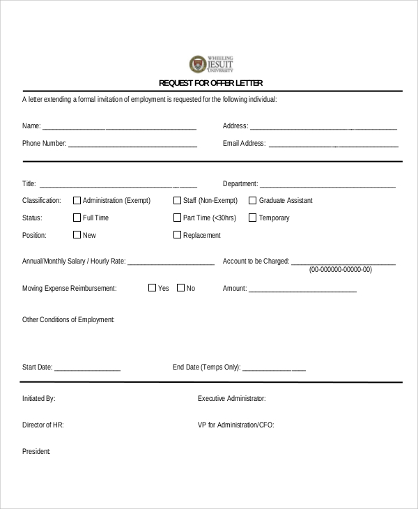 sample offer letter request form