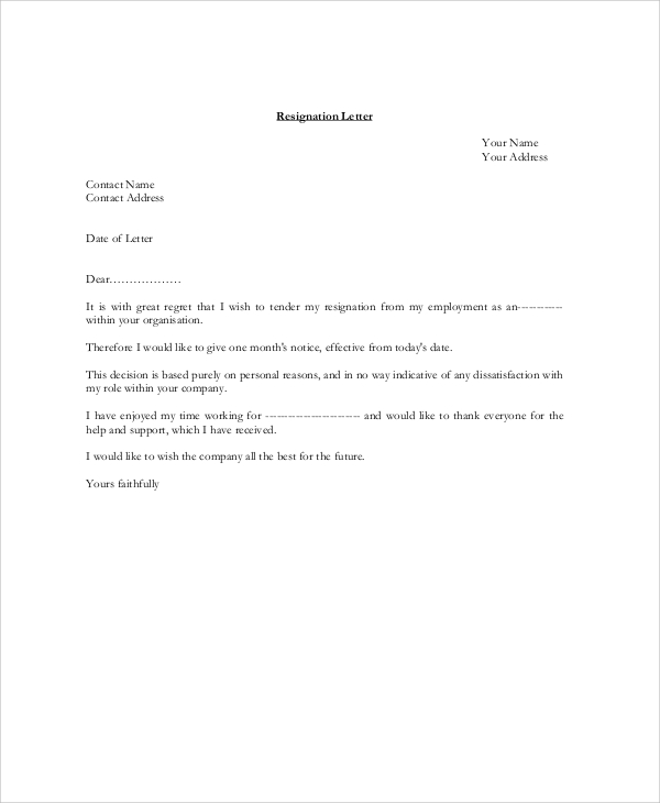 standard resignation letter sample