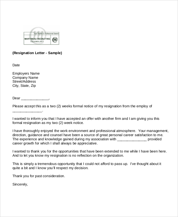 standard notice of resignation letter
