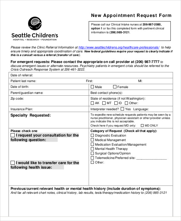 sample new appointment request form