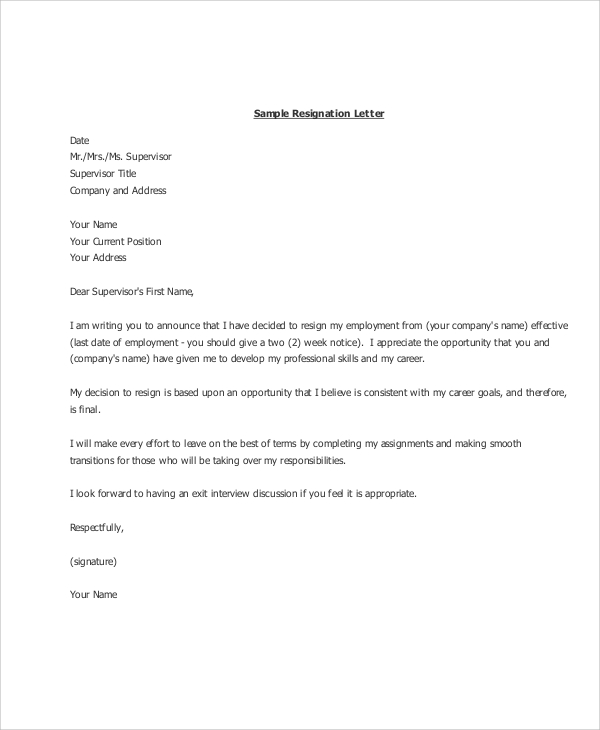 standard resignation letter example