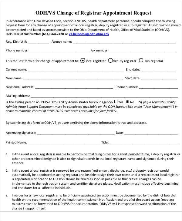 change of appointment request form