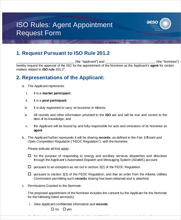 agent appointment request form example