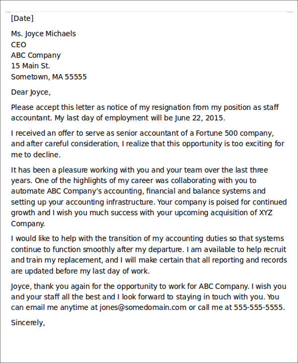 one day resignation letter example