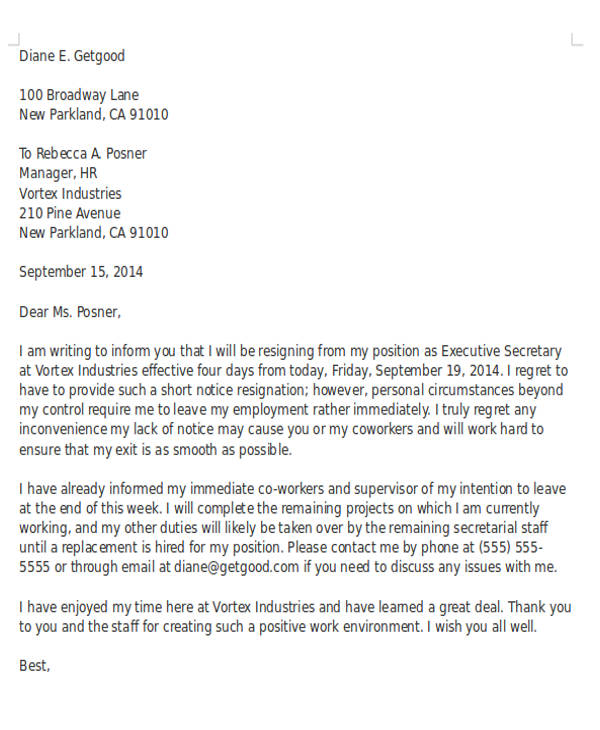 one day notice resignation letter