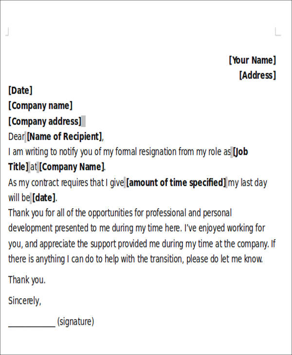5 Sample One Day Resignation Letters Pdf Word
