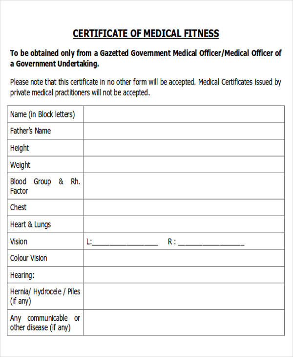 fitness medical certificate format