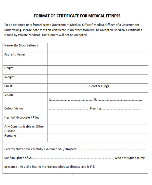 medical fitness certificate format for students