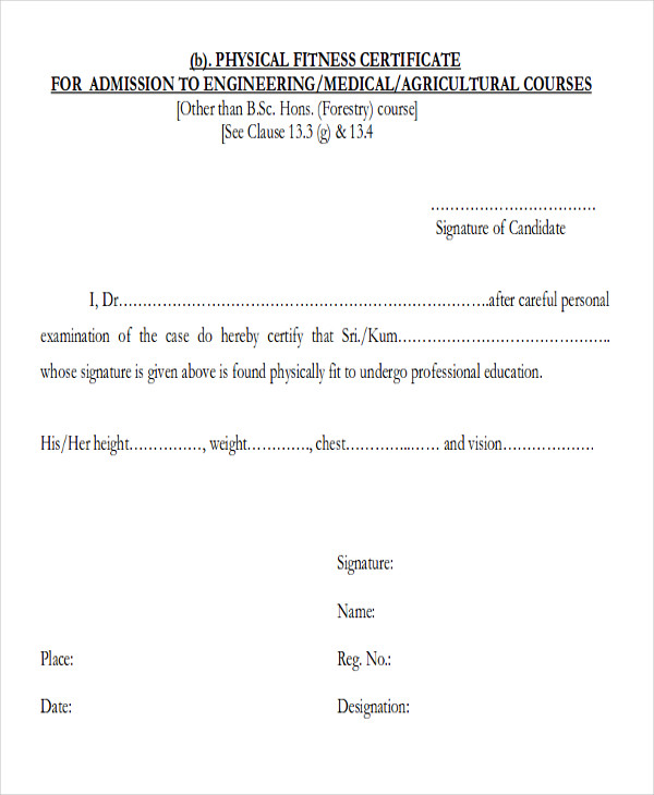 medical fitness certificate format for engineering admission