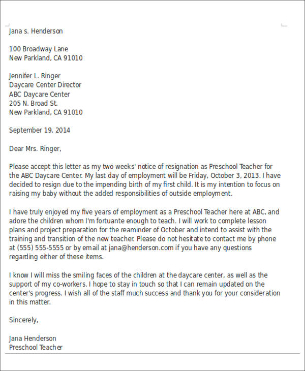 FREE 6+ Sample Childcare Resignation Letter Templates in PDF | MS Word ...