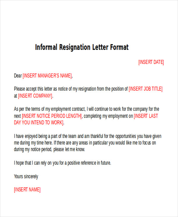 informal resignation letter format