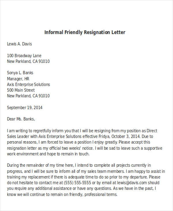 informal friendly resignation letter