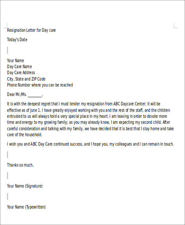 FREE 6+ Sample Childcare Resignation Letter Templates in