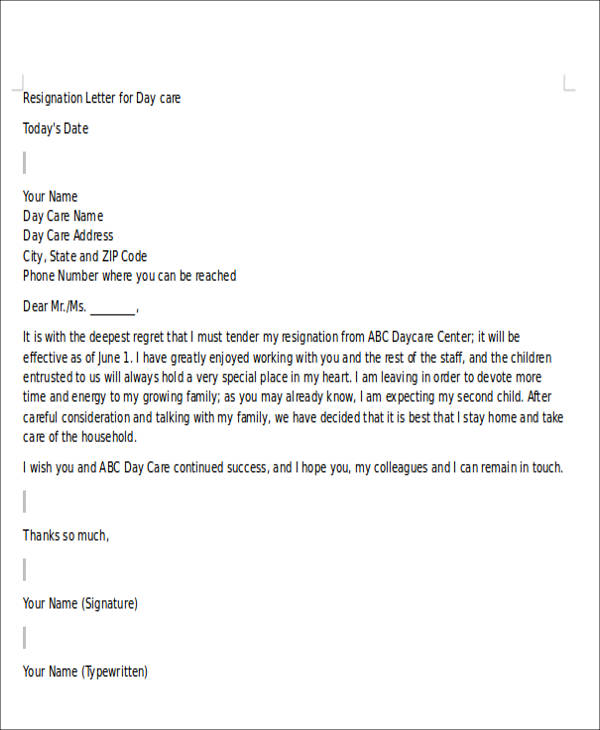 Free 6 Sample Childcare Resignation Letter Templates In Pdf Ms Word