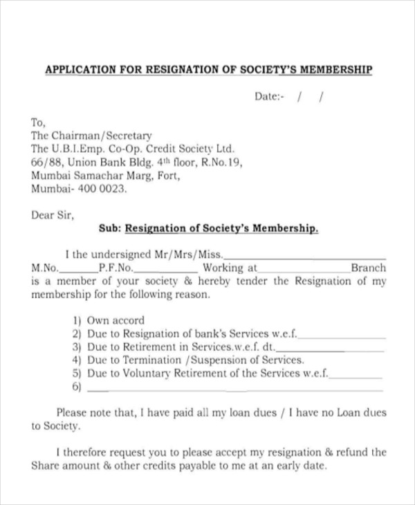 resignation for leaving sample reason Letter Examples Membership  Resignation  PDF in 5 Sample