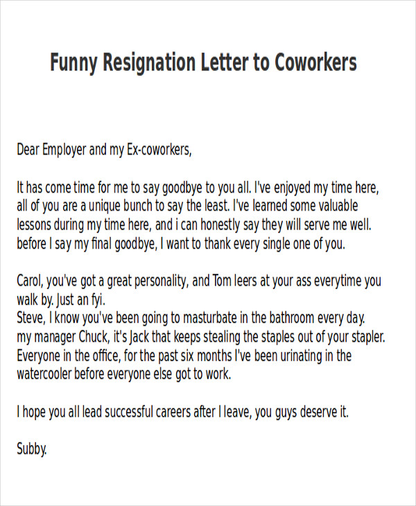 FREE 6 Sample Funny Resignation Letter Templates In PDF MS Word