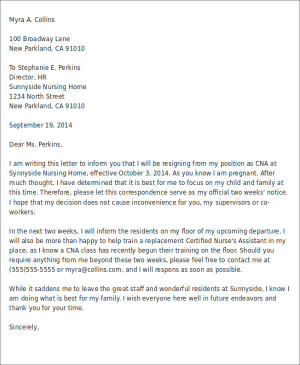 immediate resignation letter due to pregnancy