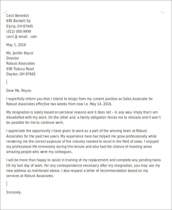 Letter Of Resignation Personal Reasons from images.sampletemplates.com