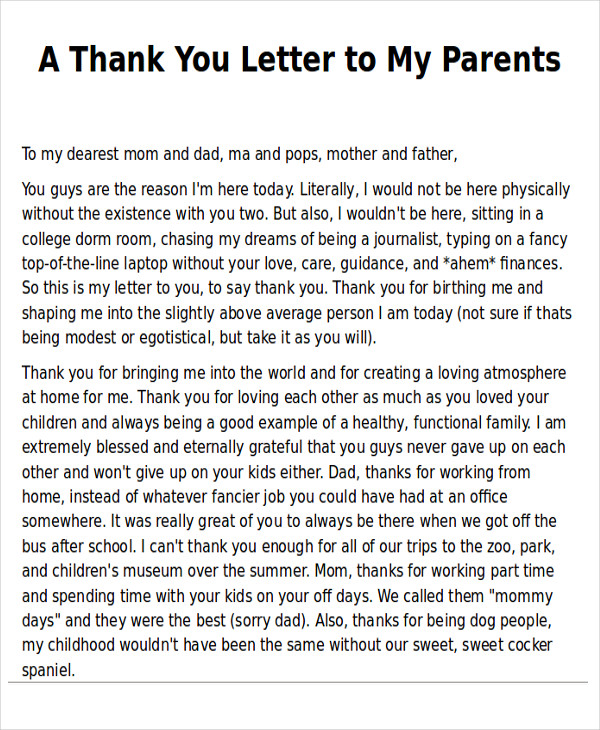 Free 7 Sample Thank You Note To Parents In Ms Word Pdf