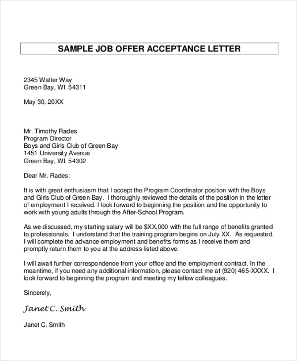 job proposal acceptance letter