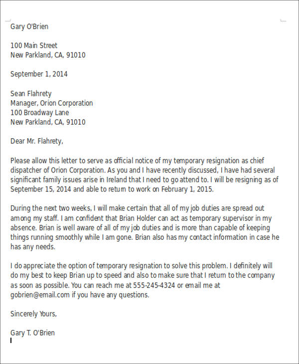 FREE 4+ Sample Temporary Resignation Letter Templates in PDF
