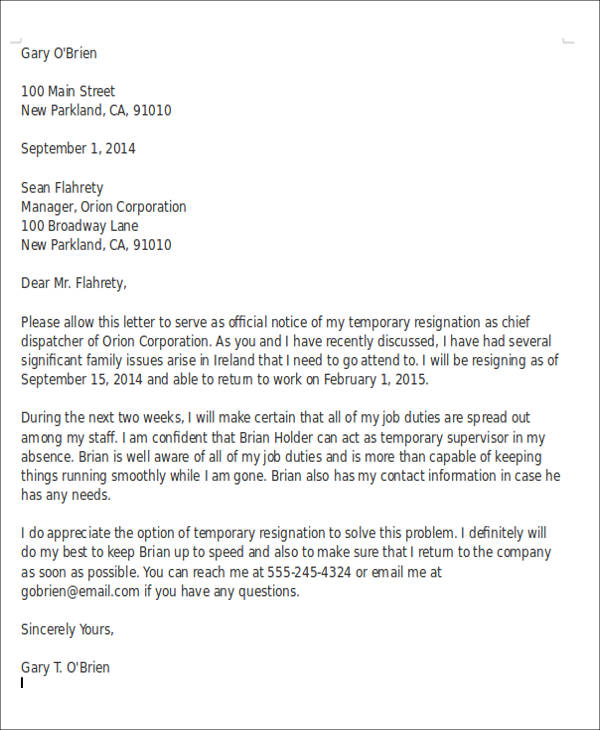 Sample Temporary Resignation Letter - 5+ Examples in PDF