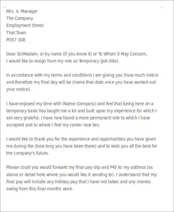 temporary employee resignation letter