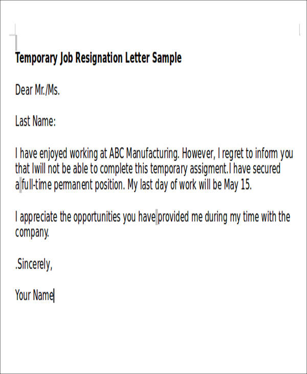 temporary job resignation letter sample