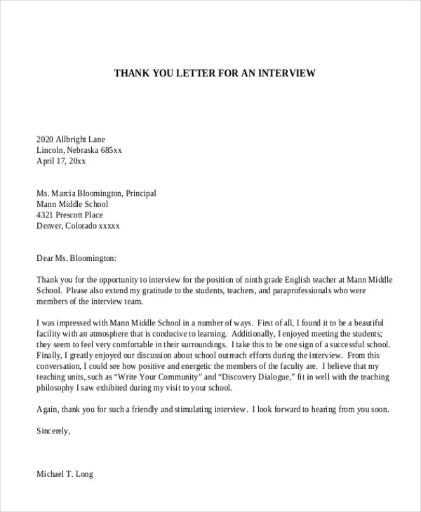 interview appointment thank you letter