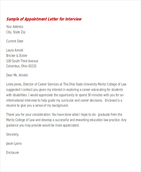 sample of appointment letter for interview