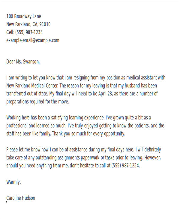 sample resignation letter medical assistant