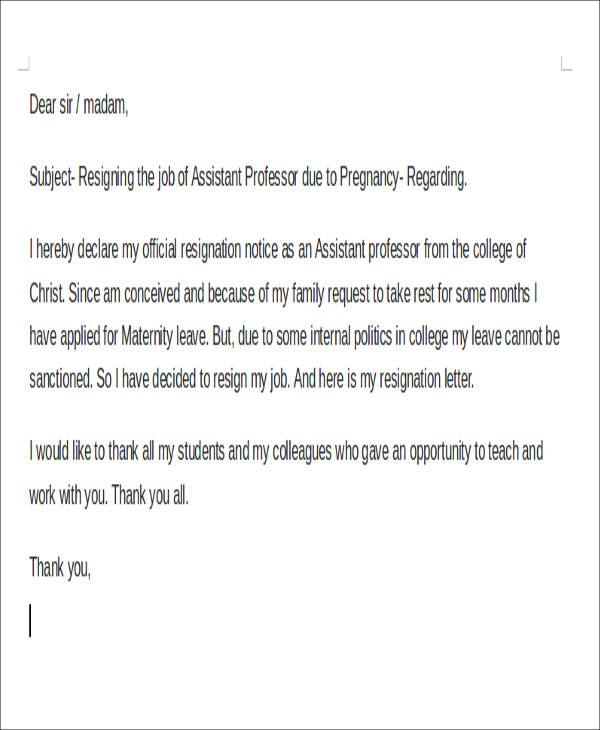 a giving resignation reason for Resignation Samples, Pregnancy  Letter 5 Examples, Templates