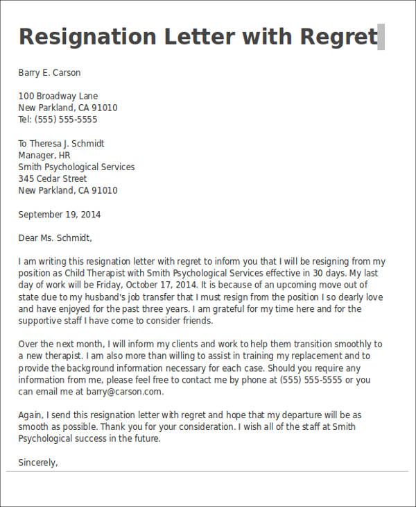 resignation letter with regret in pdf