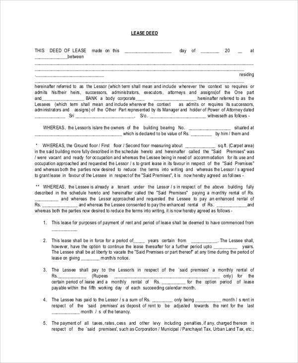 lease deed agreement format