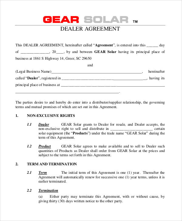 sample business dealership agreement format