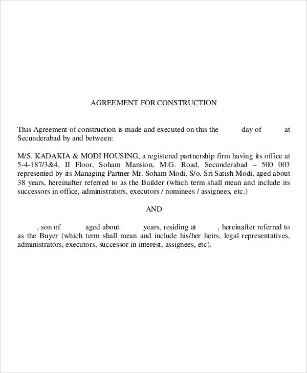 standard agreement of construction format