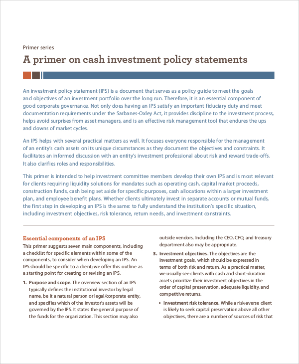 Sample Investment Policy Statement 10 Examples in Word PDF