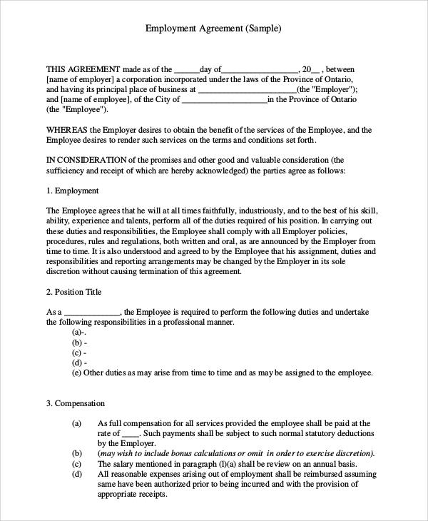 sample agreement format for employment 