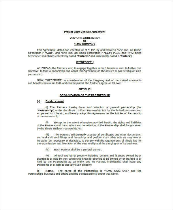 standard agreement format of joint venture