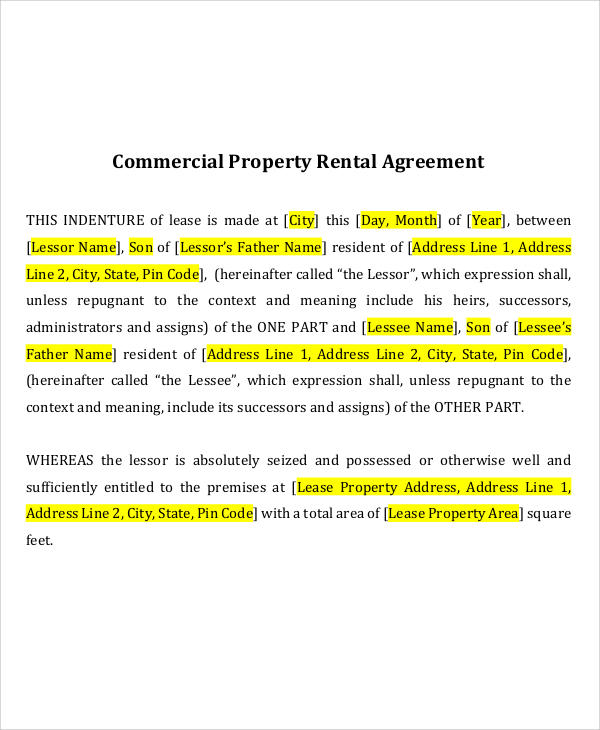 commercial rent agreement format