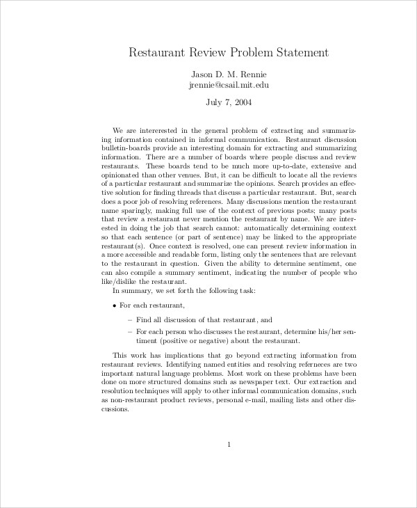 restaurant review problem statement