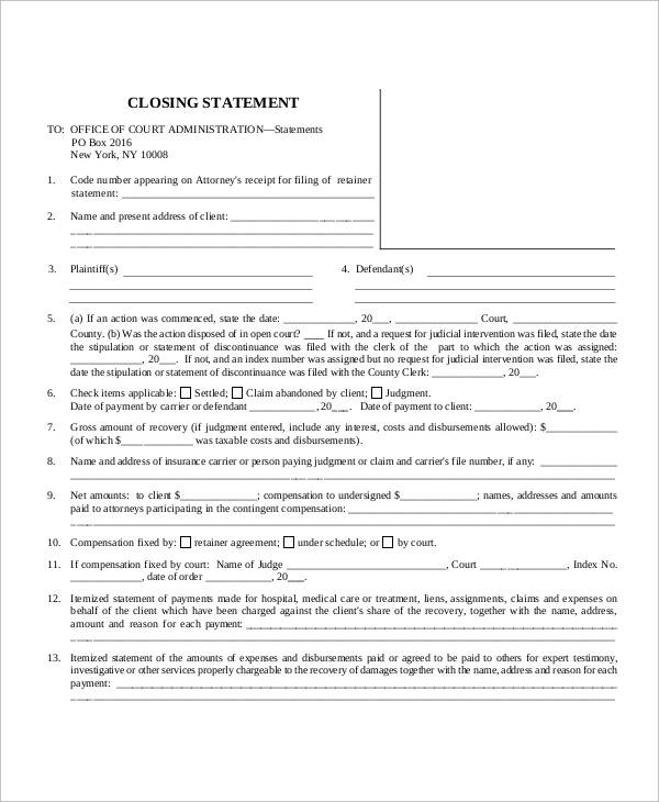 FREE 7  Sample Closing Statement Templates in MS Word PDF